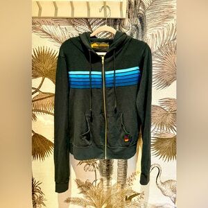 Aviator Nation 5 Stripe Zip Hoodie - Charcoal Blue - Size Small